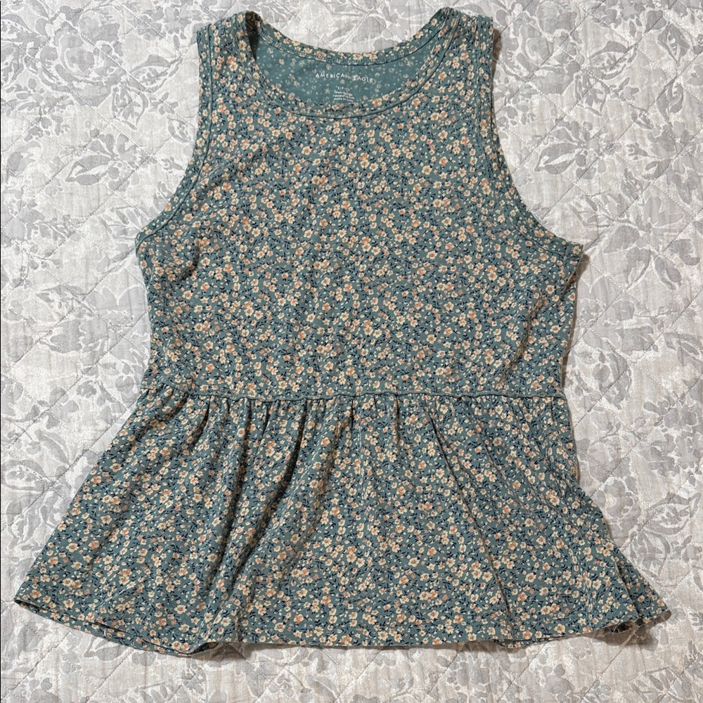 American Eagle Outfitters Floral Peplum Tank - Teal with Cream & Peach Blossoms